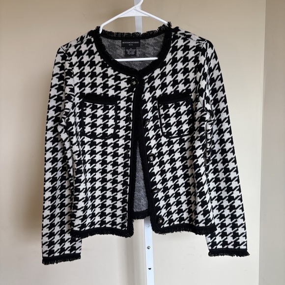 Sutton Studio Houndstooth Black‎ White Cardigan 100% Merino Wool Petite Small - Picture 1 of 7